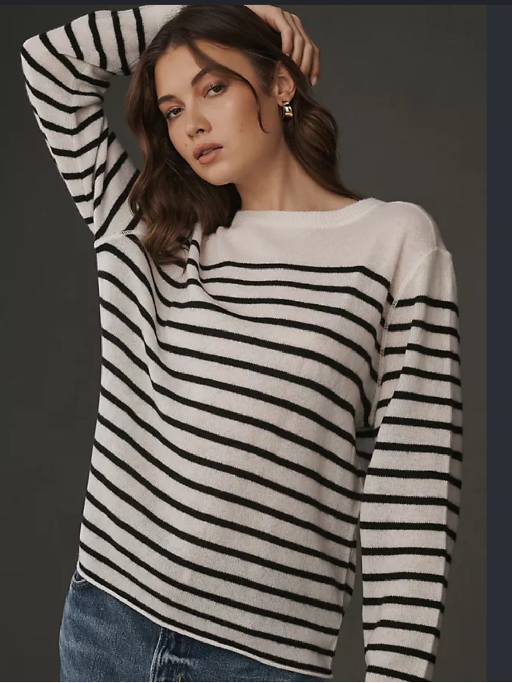 Reformation Cream and Black Striped Crewneck Sweater Cashmere